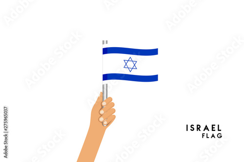 Vector cartoon illustration of human hands hold israel flag. Isolated object on white background.