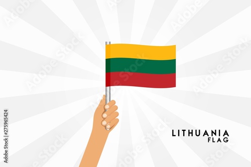 Vector cartoon illustration of human hands hold Lithuania flag. Isolated object on white background.