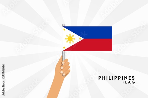 Vector cartoon illustration of human hands hold Philippines flag. Isolated object on white background.