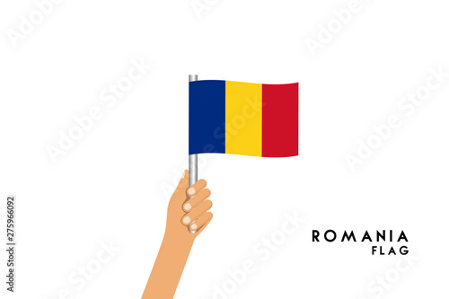 Vector cartoon illustration of human hands hold Romania flag. Isolated object on white background.
