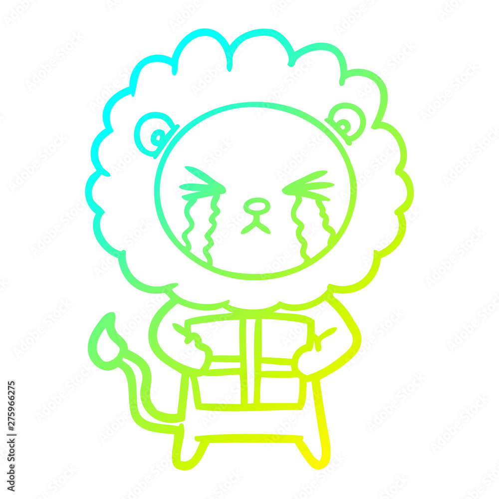 cold gradient line drawing cartoon crying lion with gift cold gradient line drawing cartoon crying lion with gift