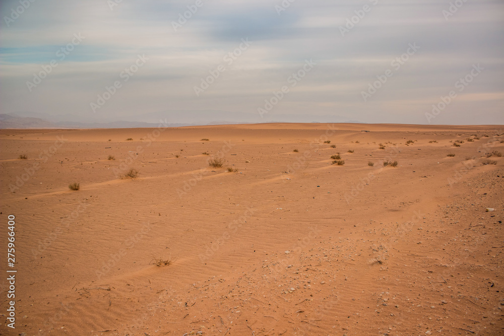 desert calm peaceful idyllic scenery landscape photography from Saudi Arabia wilderness dangerous sandy wastelands with horizon view and gray cloudy sky