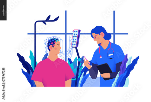 Medical tests Blue illustration- EEG - electroencephalography -modern flat vector concept digital illustration of encephalography procedure -a patient with head electrodes and doctor in medical office