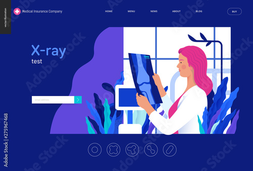 Medical tests blue template - x-ray test - modern flat vector concept digital illustration of x-ray image - a doctor looking at the radiograph , in the medical office or laboratory