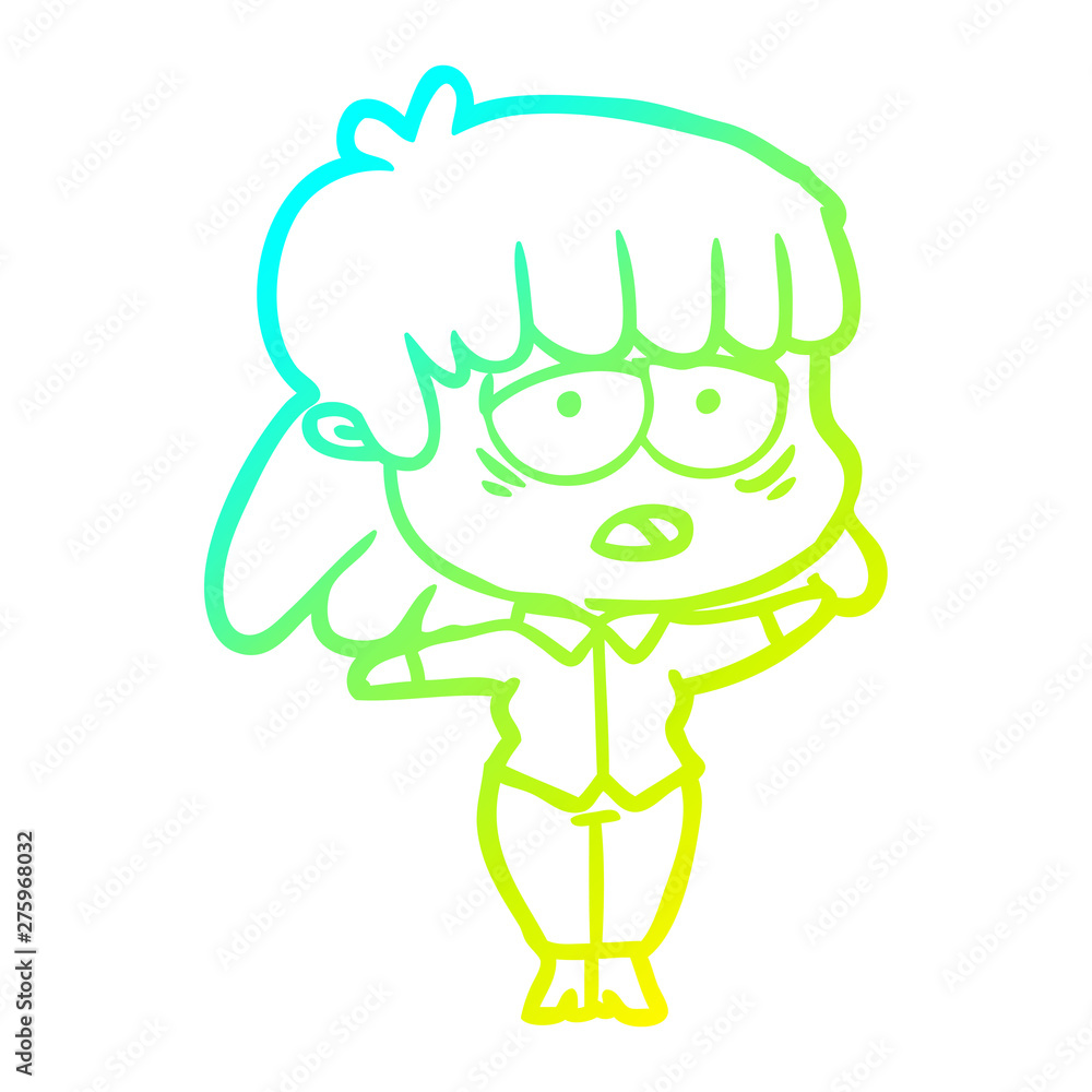 cold gradient line drawing cartoon tired woman