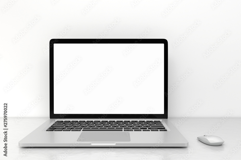 Laptop computer with blank white screen and mouse on the white table. screen mockup template Laptop computer with blank white screen and mouse on the white table. screen mockup template