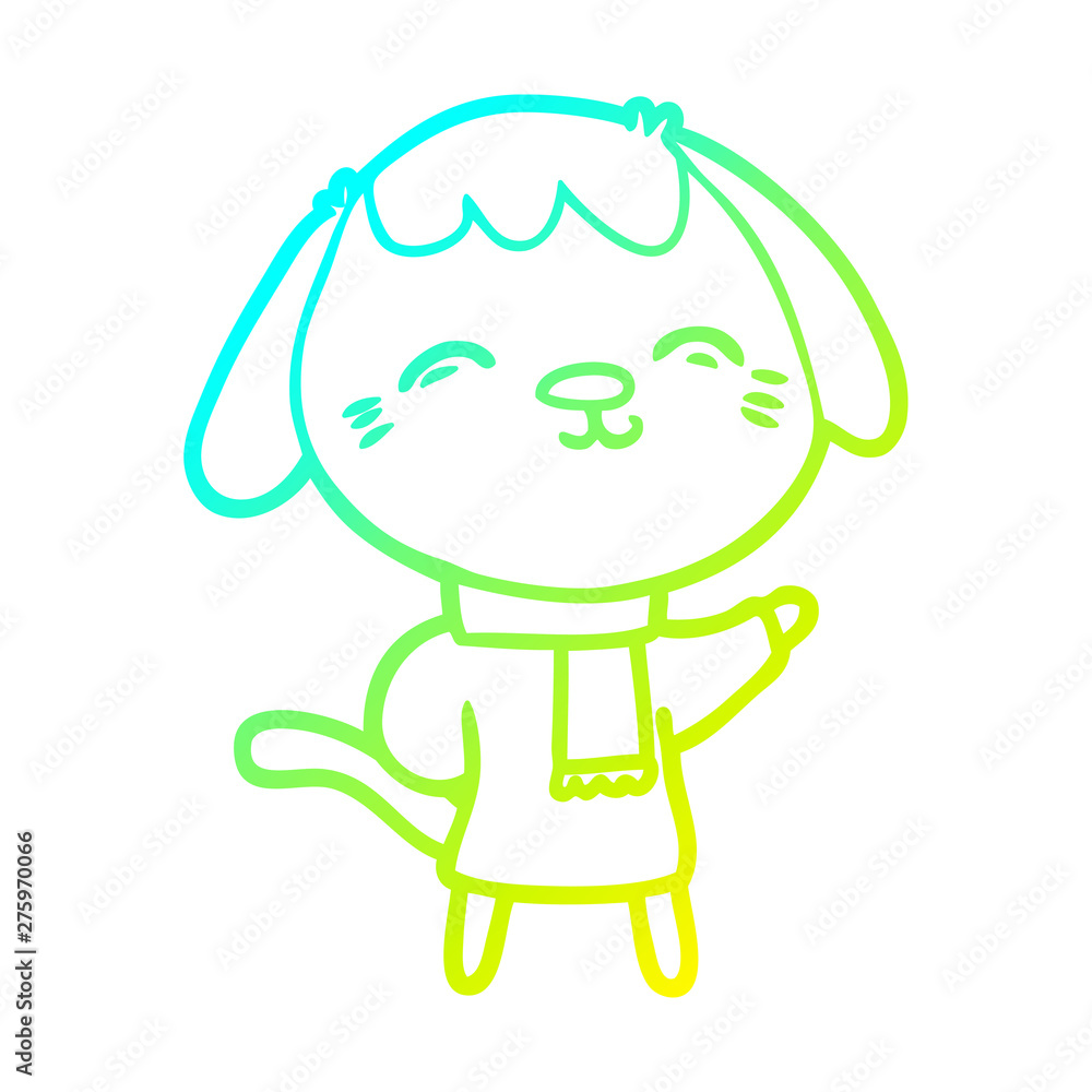 cold gradient line drawing happy cartoon dog in winter clothes