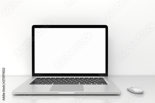 Laptop computer with blank white screen and mouse on the white table. screen mockup template