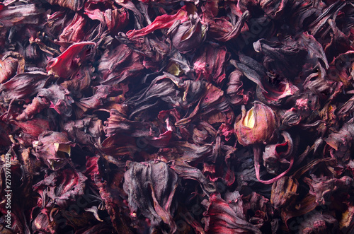 Top view of Dry Hibiscus petals background closeup