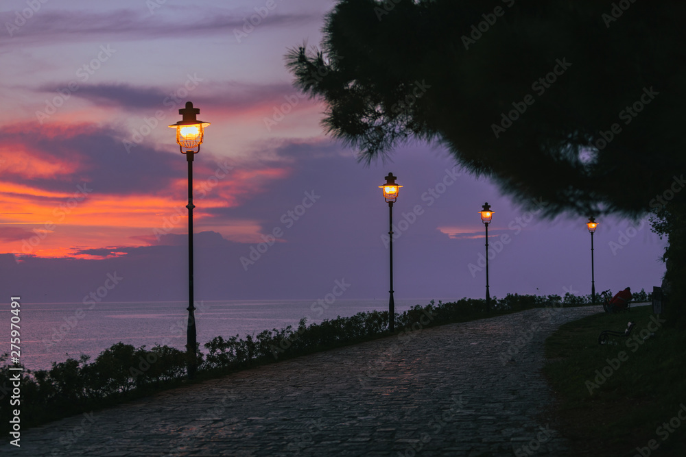 park view with city lights lamps sea on background in rovinj city in croatia park view with city lights lamps sea on background in rovinj city in croatia