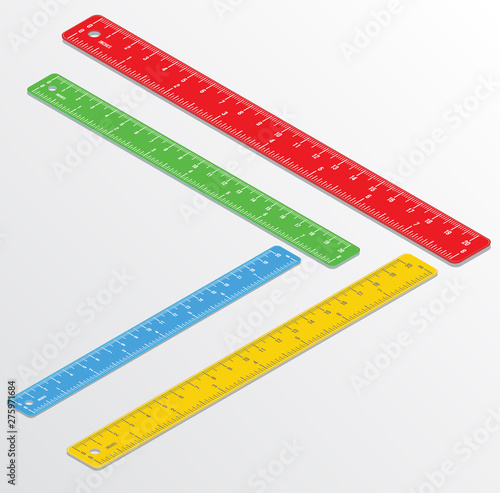 Set of isometric colorful rulers isolated on white background. Double side measuring tool marked in inches and cm. Flat design for school and business