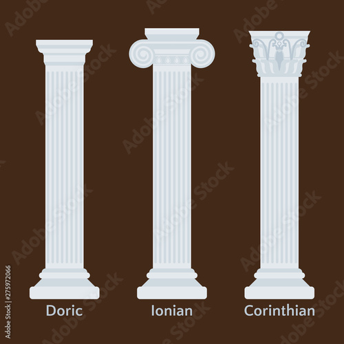 Ancient Greek columns flat icons. Types of Doric, Ionian, Corinthian vector illustration