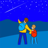 Father and son with tourist backpacks are standing in the field and looking at a passing meteor against a starry blue sky.