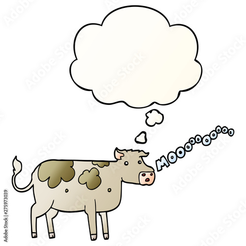 cartoon cow and thought bubble in smooth gradient style