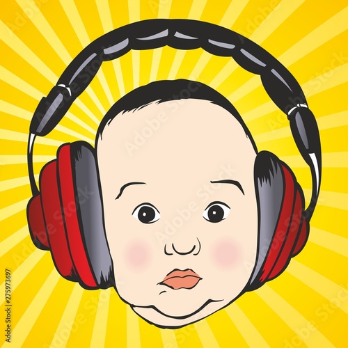 Baby's face with headphones, vector illustration. Happy newborn baby listening to music on headphones