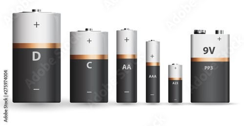 Murais de parede White gold and black realistic alkaline battery set, diffrent types isolated on white background