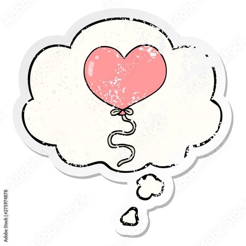 cartoon love heart balloon and thought bubble as a distressed worn sticker