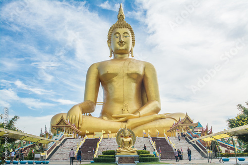 Ang Thong, Thailand - Juner 22, 2019: Big golden sitting Buddha at Wat Muang temple in Thailand