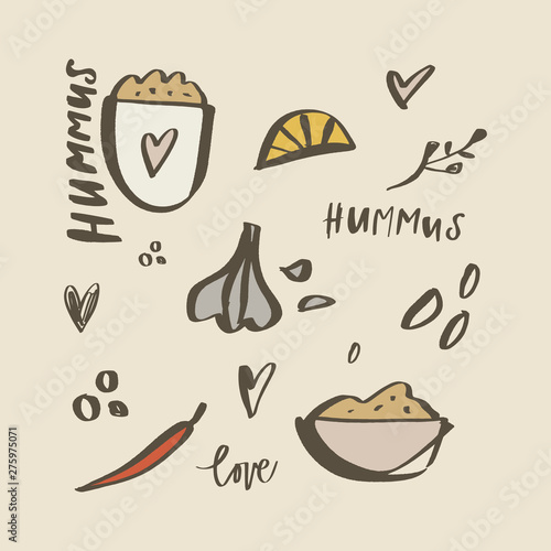 National food of Israel. Vector illustration. Hummus ingredients.