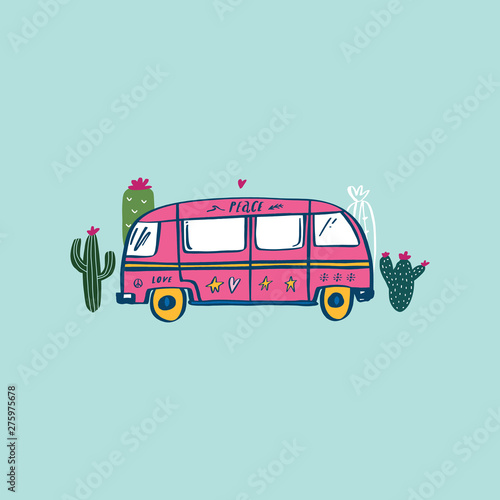 Retro travel van vector illustration. Hand drawn summer illustration in vector. Travel concept.