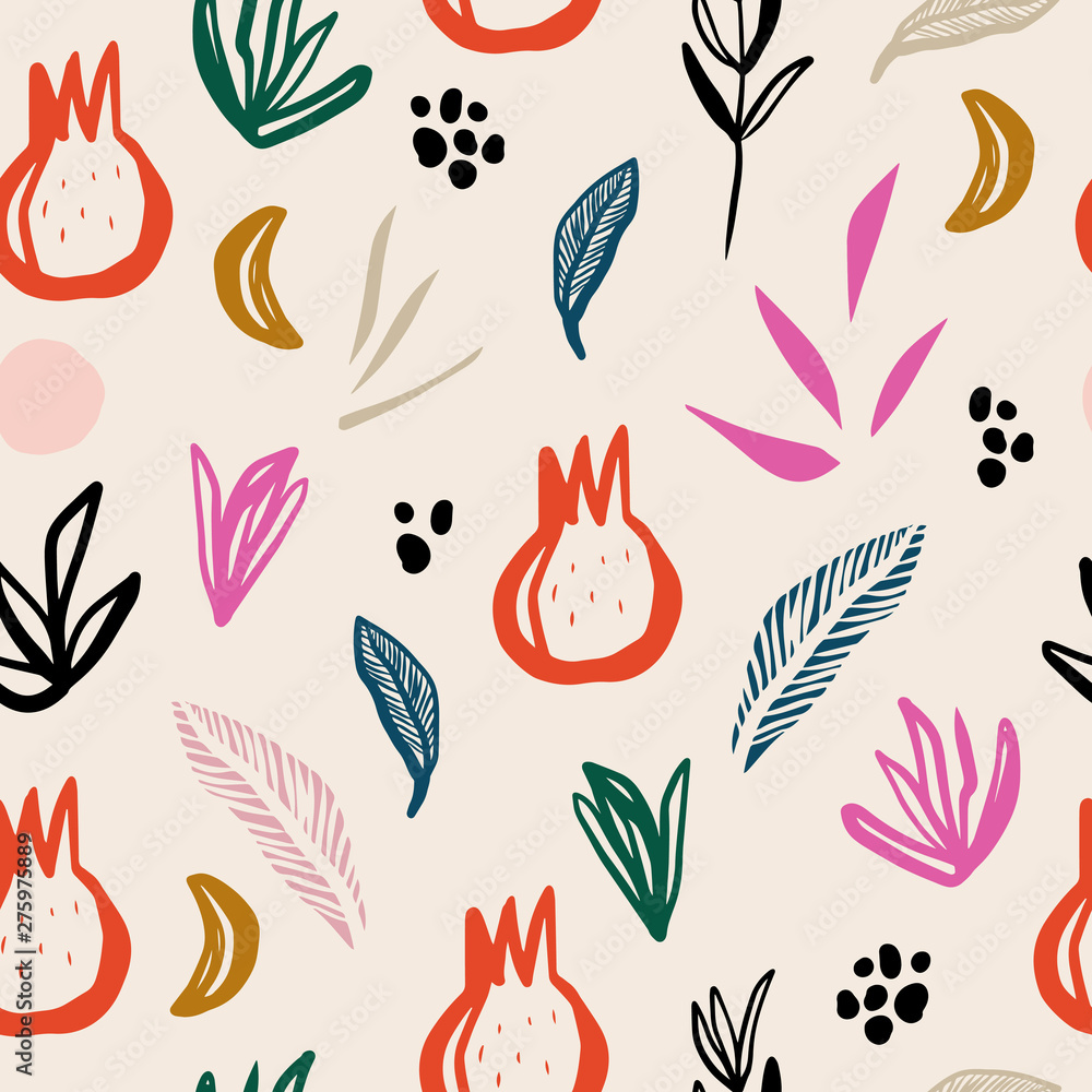 Pomegranate seamless pattern in vector. Summer floral elements, contemporary illustration.