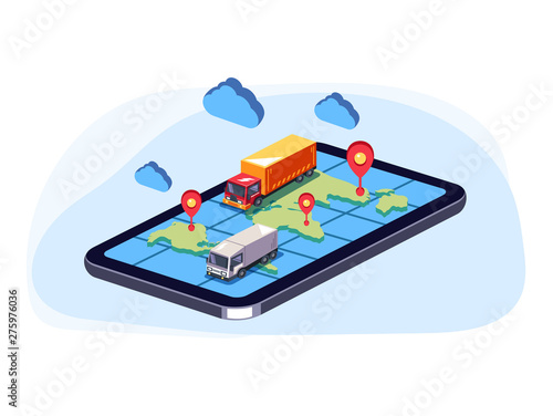 Big trucks moving on online web map smartphone. Order parcel cargo delivery online tracking concept. Vector flat cartoon graphic design isolated isometric illustration