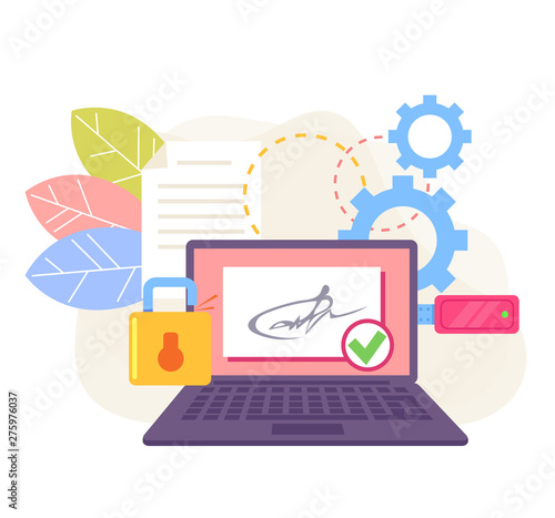 Electronic online digital signature stamp on usb laptop computer monitor ps. Web internet document contract agreement business concept. Vector flat cartoon graphic design illustration