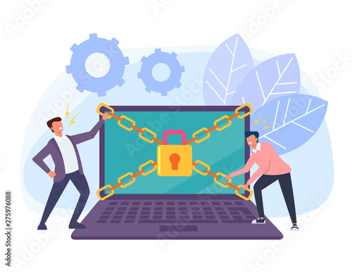 Hackers man characters trying to hack privacy laptop pc personal data information. Data protection online login password concept. Vector flat cartoon graphic design isolated illustration