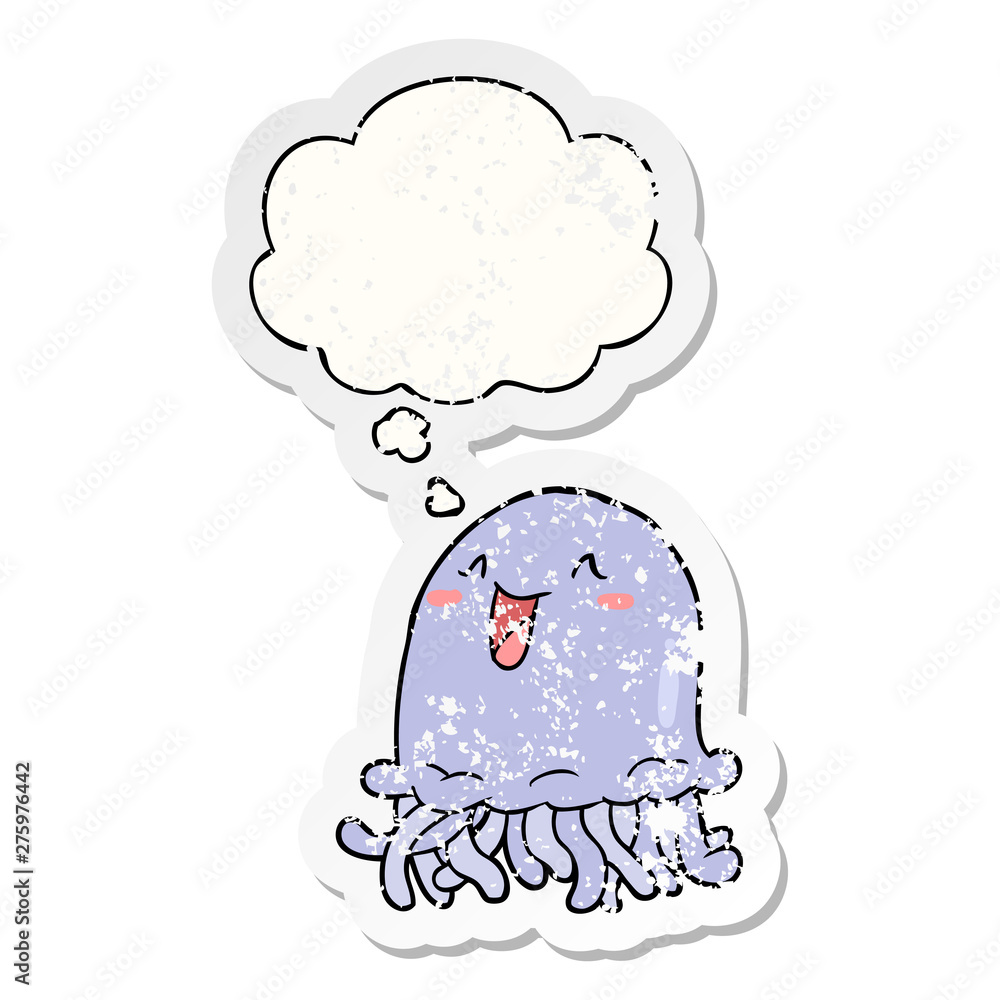 cartoon jellyfish and thought bubble as a distressed worn sticker cartoon jellyfish and thought bubble as a distressed worn sticker