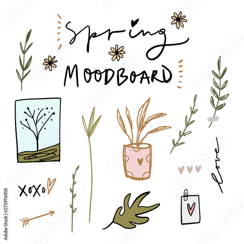 Spring mood board. Trendy decor elements, icons, hand drawn plants and postcards. Vector illustration.