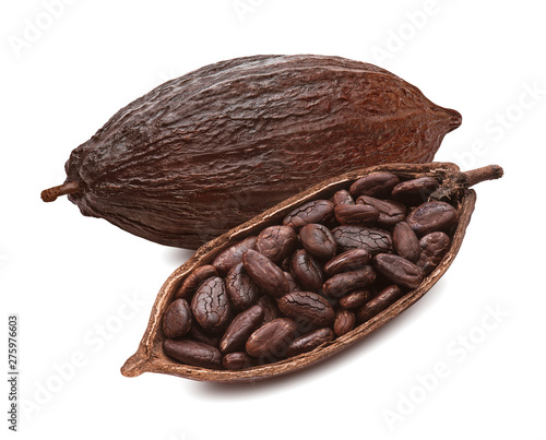 Raw cocoa pod and fried beans isolated on white background