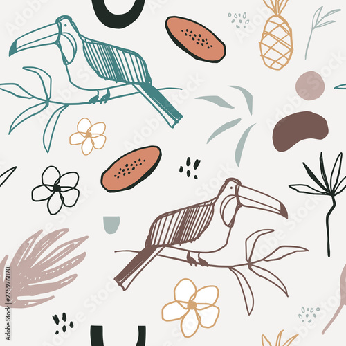 Vector abstract pastel summer time seamless pattern. Cute illustration with toucan, palm leaves, flowers, pineapple and papaya.
