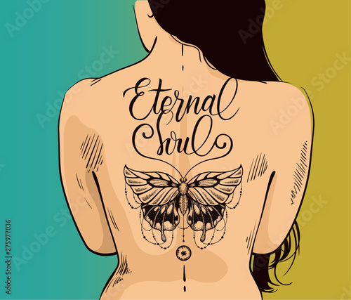 Illustration of sexy woman with beautiful butterfly tattoo on back. Butterfly is symbol of eternal soul, new life