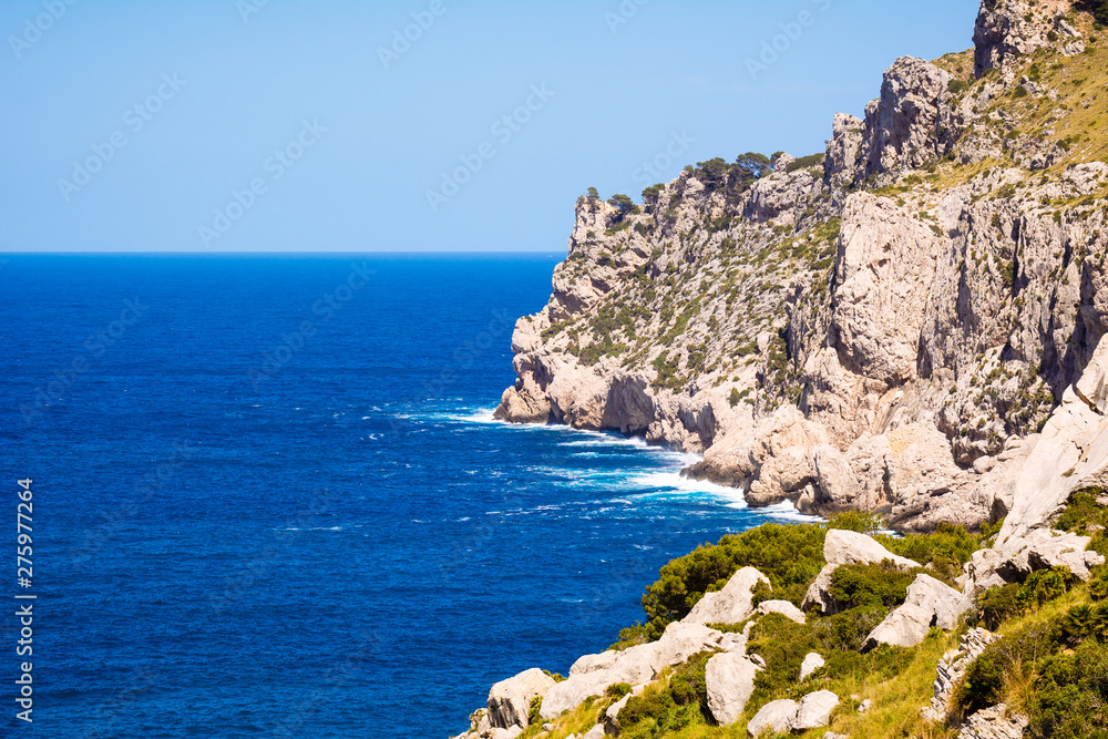 Cala Figuera on Cap Formentor, beautiful sea bay with turquoise water, beach and mountains, Mallorca island, Spain