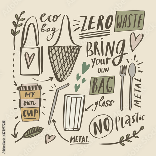 Zero waste life concept in vector. Hand drawn elements set. Eco lifestyle. No plastic. Save nature.
