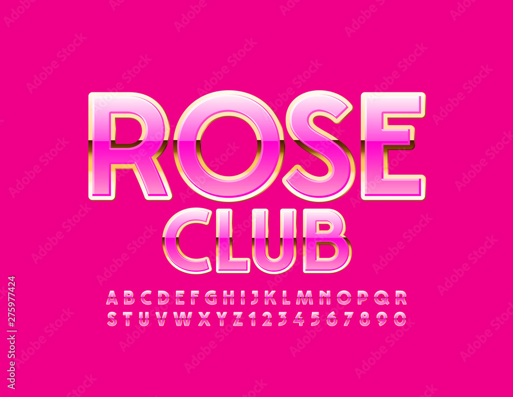 Vector glamour logo Rose Club with Uppercase Font. Pink and Golden shiny Alphabet Letters and Numbers