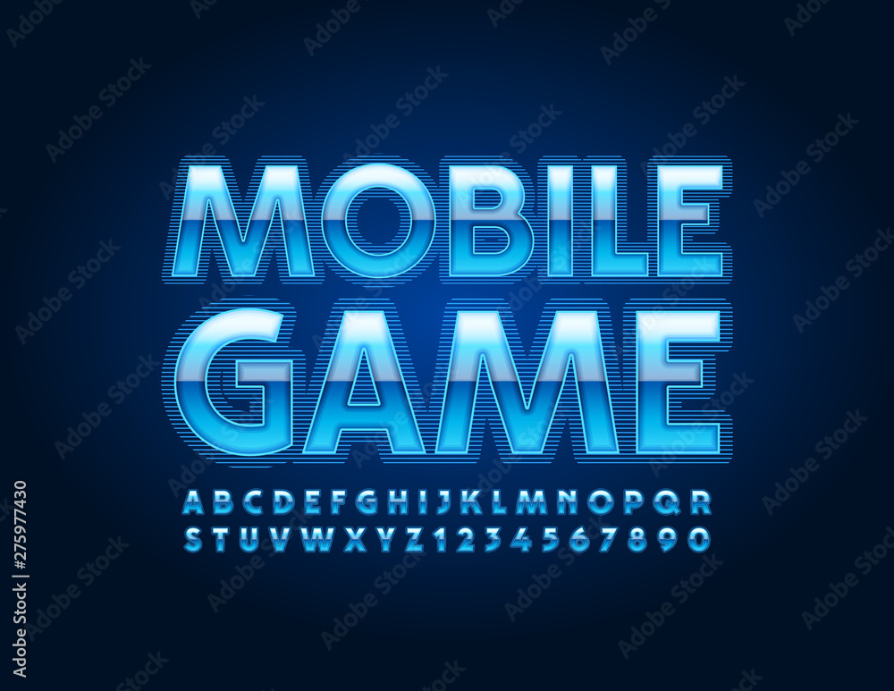Vector modern template Mobile Game with  Uppercase Font. Blue glowing Alphabet Letters and Numbers
