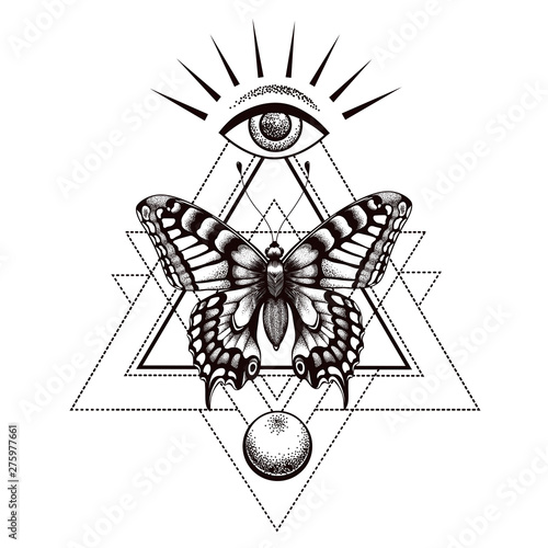 Sacral butterfly tattoo and t-shirt design. Butterfly in triangle, at top is all-seeing eye of Horus and moon below.