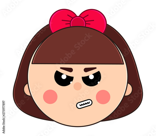 Face of little angry girl with short hair and cute bow.