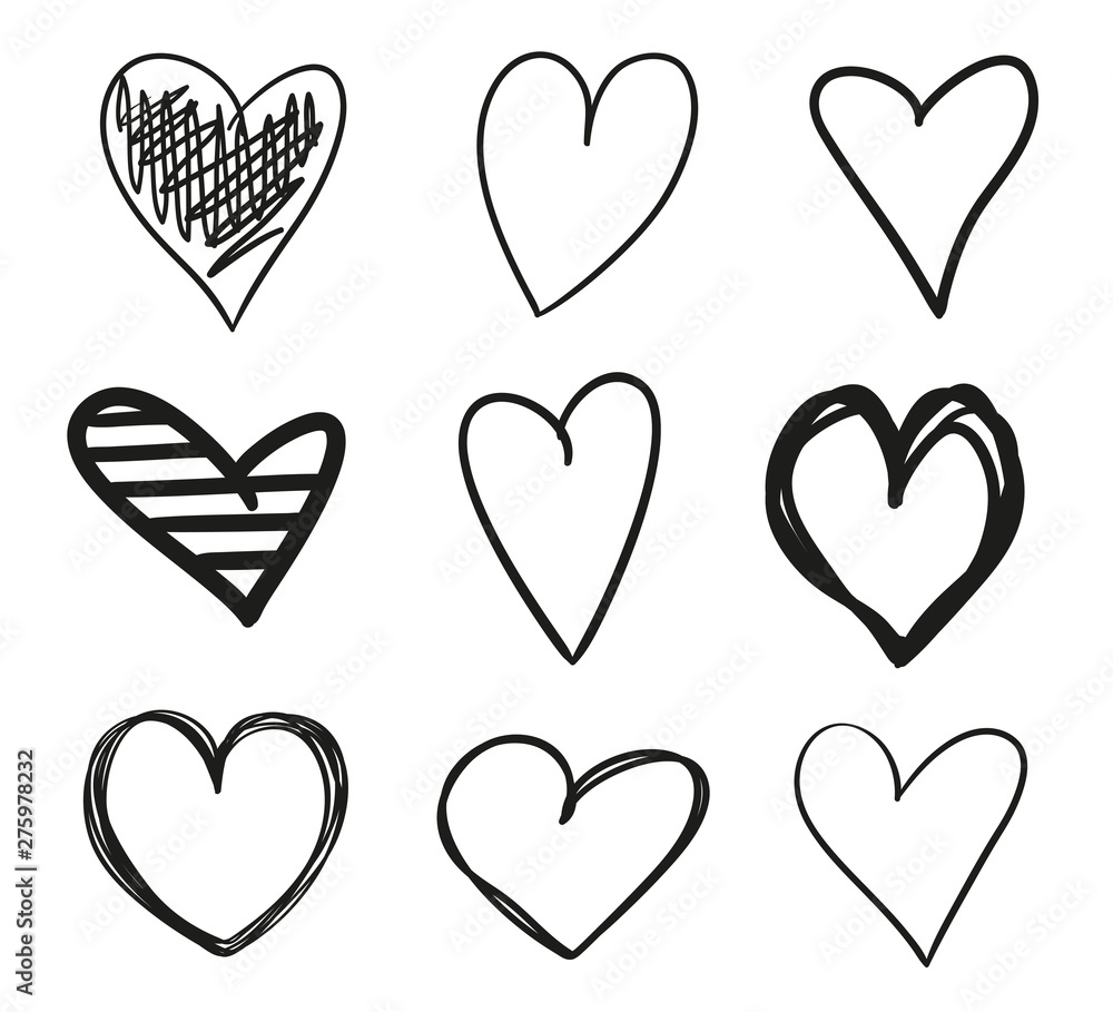 Grunge hearts on isolated white background. Set of stylish signs. Unique elements for design. Black and white illustration Grunge hearts on isolated white background. Set of stylish signs. Unique elements for design. Black and white illustration