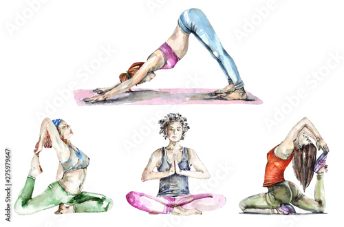 Set of watercolor yoga poses and trace into vector