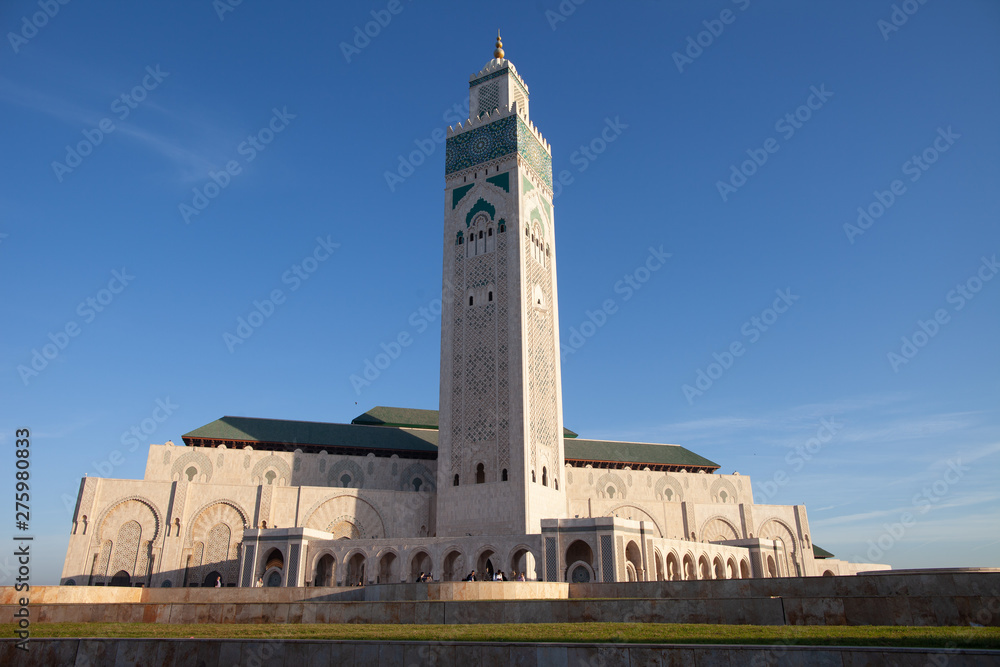 Mosque Hasan II in Casablanca, Morocco on a sunny morning. It is one of the biggest mosques in the world with the highest minaret, 210 meters high.