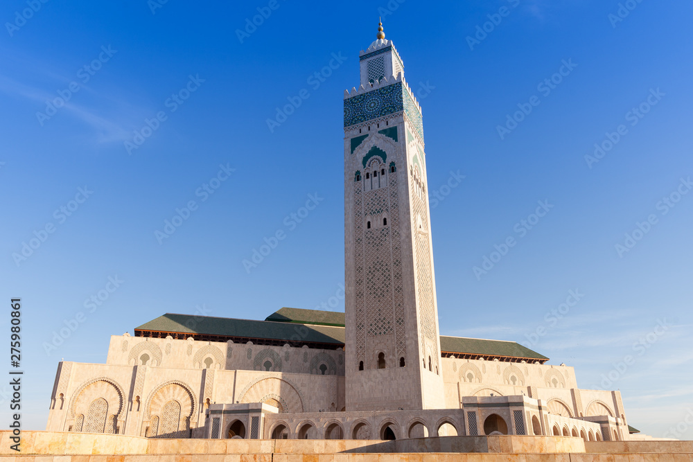 Mosque Hasan II in Casablanca, Morocco on a sunny morning. It is one of the biggest mosques in the world with the highest minaret, 210 meters high.
