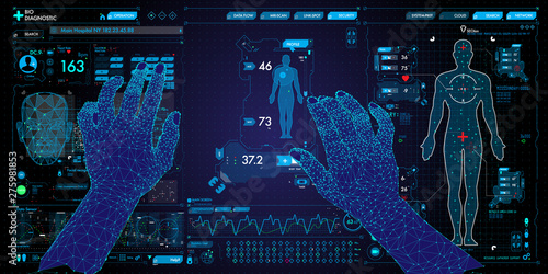 Medicine doctor and stethoscope in hand touching Ui and icon future of medical technology.