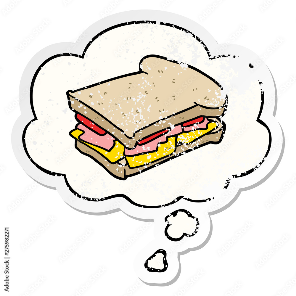 cartoon ham sandwich and thought bubble as a distressed worn sticker cartoon ham sandwich and thought bubble as a distressed worn sticker