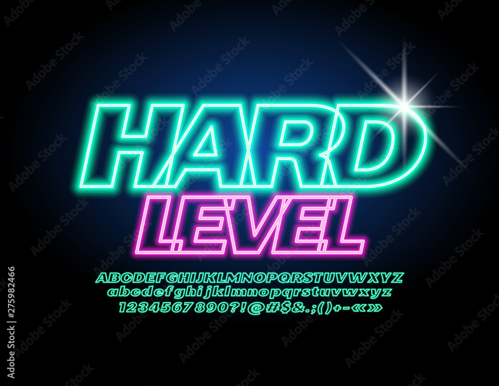 Vector bright sign Hard Level. Glowing neon Font. Illuminated green Alphabet Letters, Numbers and Symbols