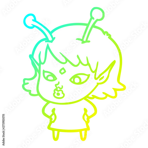 cold gradient line drawing pretty cartoon alien girl