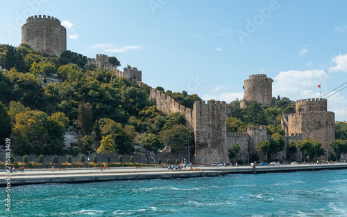View from the Bosphorus to Rumeli Hisari fortress. Also known as Rumelian Castle and Roumeli Hissar Castle. Istanbul, Turkey.