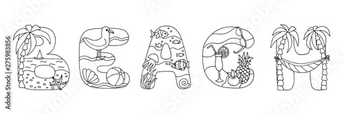 Doodle coloring page, word: beach