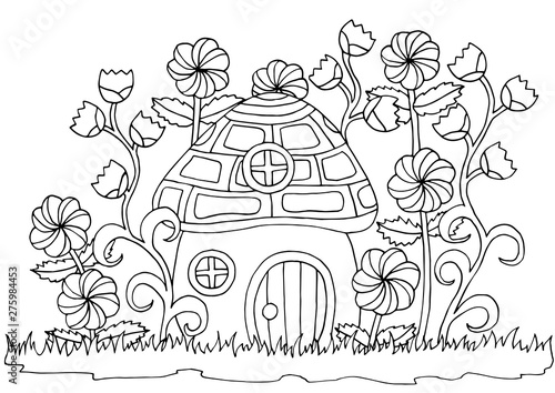 Wallpaper Mural Coloring book page with a mushroom house in flowers Torontodigital.ca